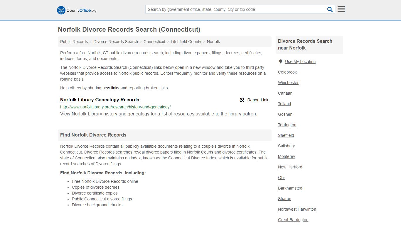 Norfolk Divorce Records Search (Connecticut) - County Office